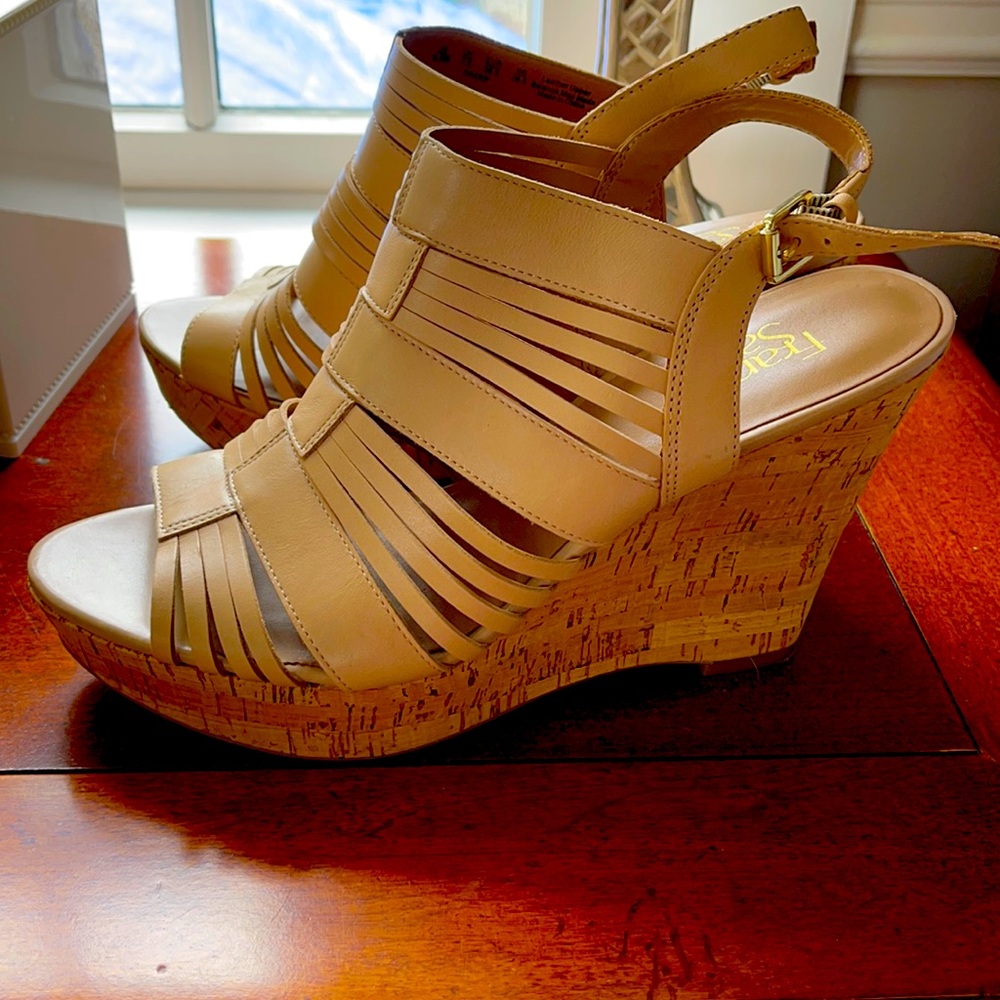 Cork leather wedge platform sandals